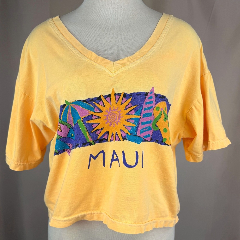 Vintage MAUI Womens‎ (OS) T-Shirt Cotton 90s Cropped V-Neck Hawaii Beach USA Sun